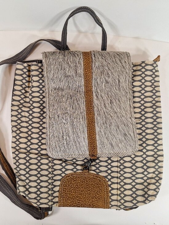 Myra Bag Grizzle Cowhide Upcycled Canvas Backpack Beige Brown Charcoal main image 7